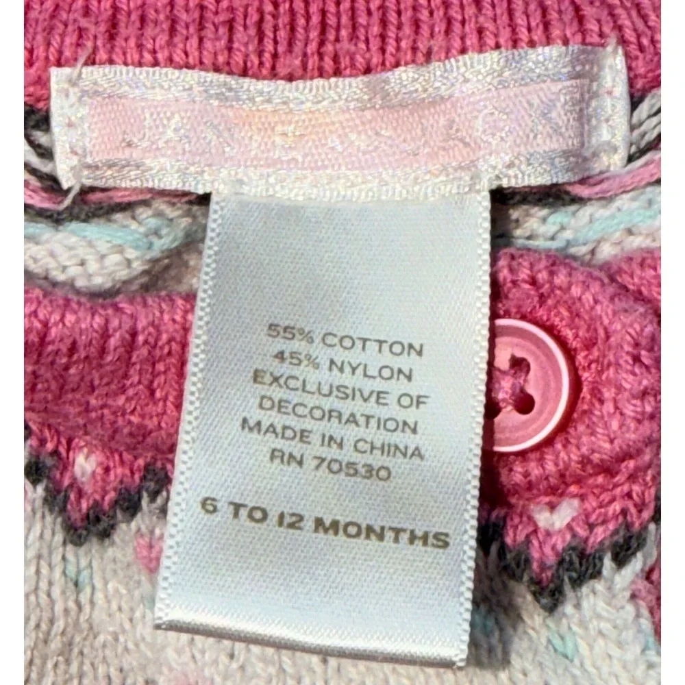 Janie and Jack Girls Pink Fair Isle Rosebud Knit Cardigan Sweater 6-12 Months